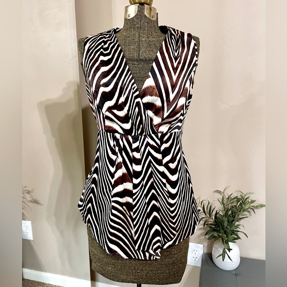 Vintage Classiques Entier Satin Silk Brown Zebra Print Sleeveless Blouse Office